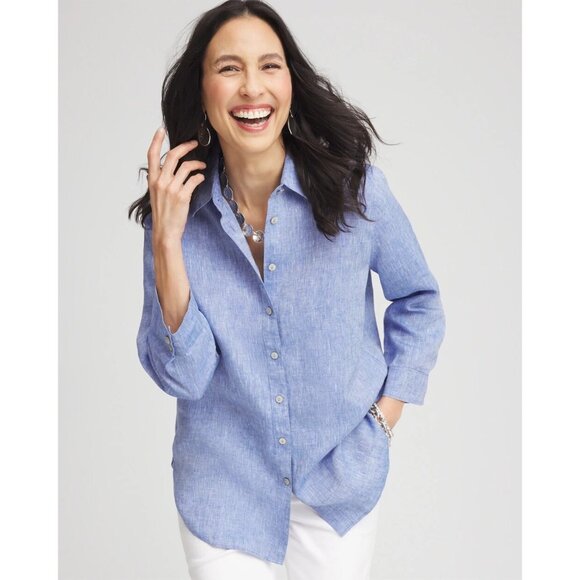 Tahari Light Blue Linen Relaxed Button Down Shirt Coastal Grandma Aesthetic XL - Picture 12 of 15